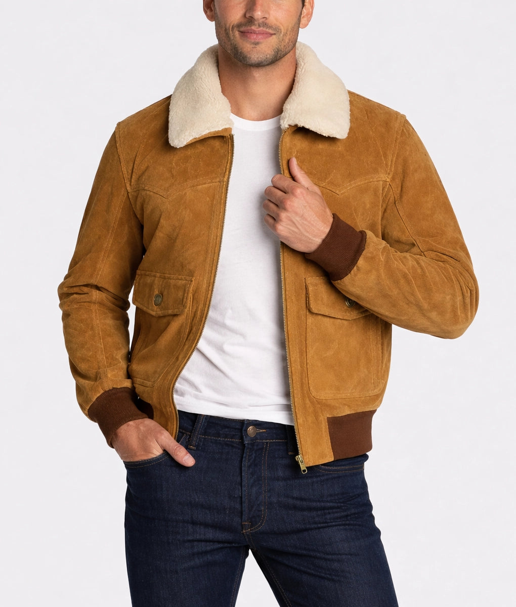 James Men's Brown Bomber Faux Fur Shearling Collared Suede Jacket | Men's Brown Bomber Faux Fur Shearling Collared Suede Jacket-2