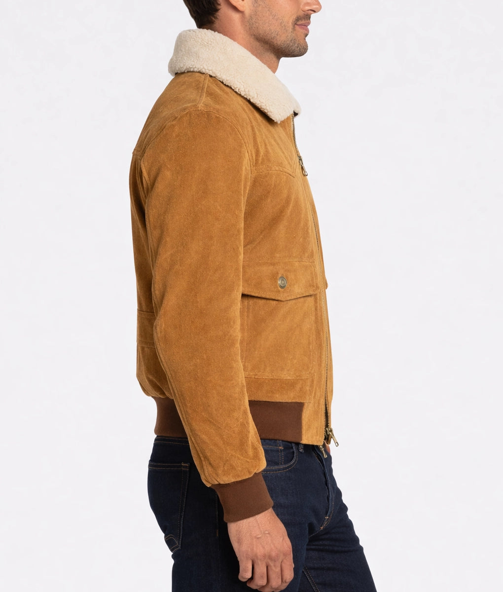 James Men's Brown Bomber Faux Fur Shearling Collared Suede Jacket | Men's Brown Bomber Faux Fur Shearling Collared Suede Jacket-3