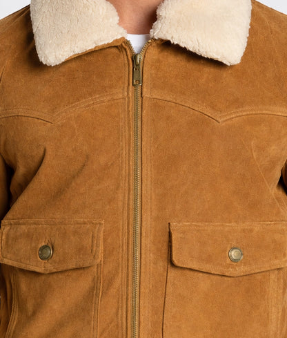 James Men's Brown Bomber Faux Fur Shearling Collared Suede Jacket | Men's Brown Bomber Faux Fur Shearling Collared Suede Jacket-5