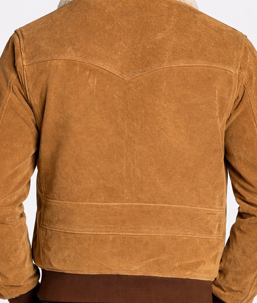 James Men's Brown Bomber Faux Fur Shearling Collared Suede Jacket | Men's Brown Bomber Faux Fur Shearling Collared Suede Jacket-6