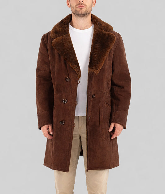 James Men's Dark Brown Suede Faux Fur Trim Double Breasted Coat