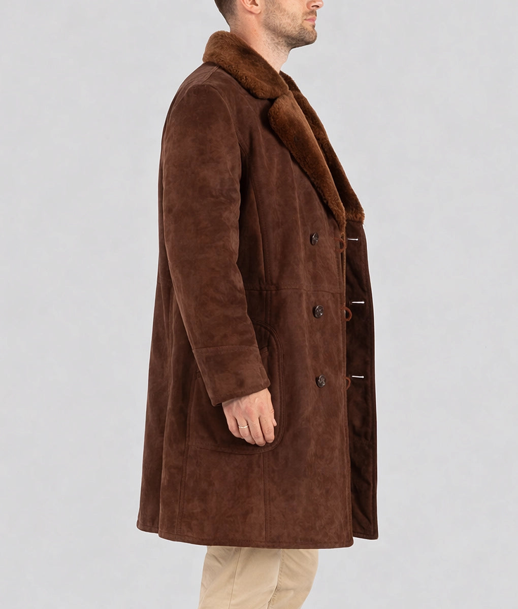 James Men's Dark Brown Suede Faux Fur Trim Double Breasted Coat