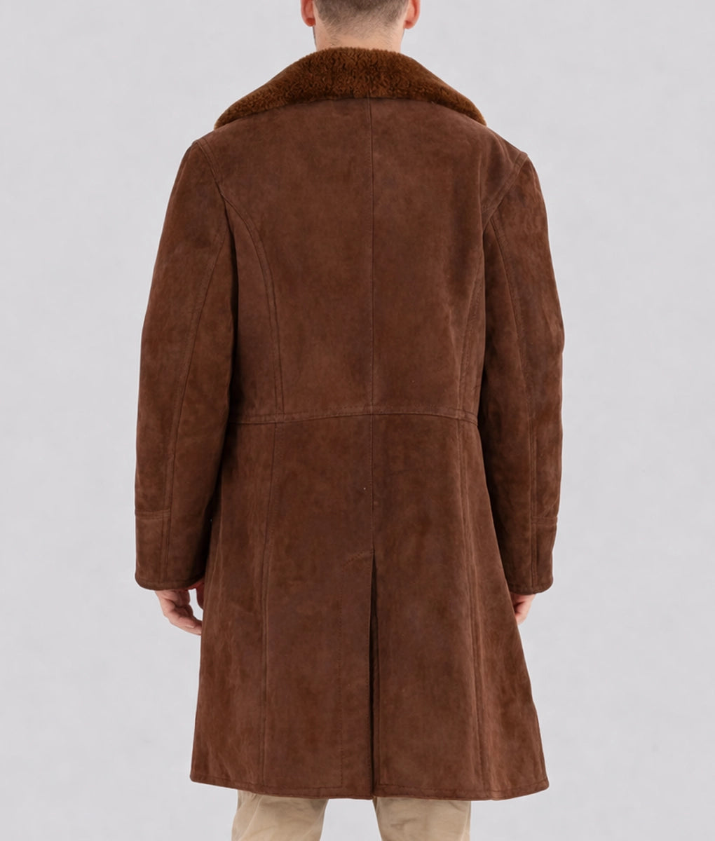 James Men's Dark Brown Suede Faux Fur Trim Double Breasted Coat