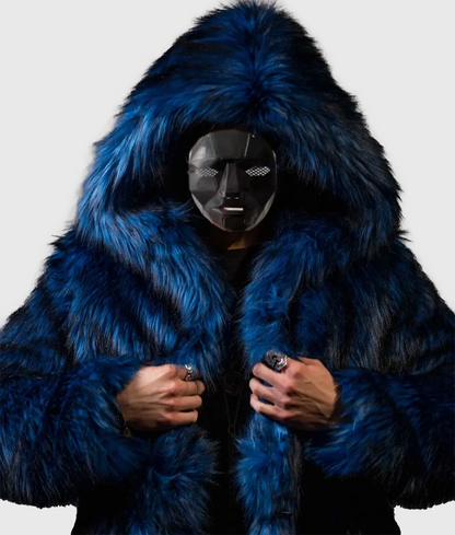 Jamie Men Blue Hooded Faux Fur Coat