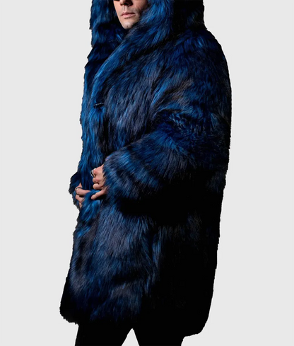 Jamie Men Blue Hooded Faux Fur Coat