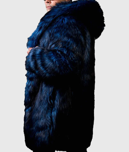 Jamie Men Blue Hooded Faux Fur Coat