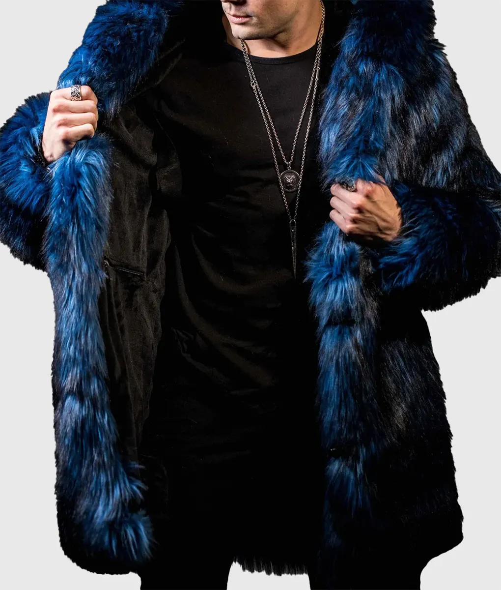 Jamie Men Blue Hooded Faux Fur Coat