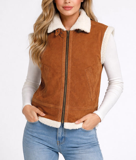 Jane Women's Faux Fur Shearling Brown Suede Vest | Women's Faux Fur Shearling Brown Suede Vest-1