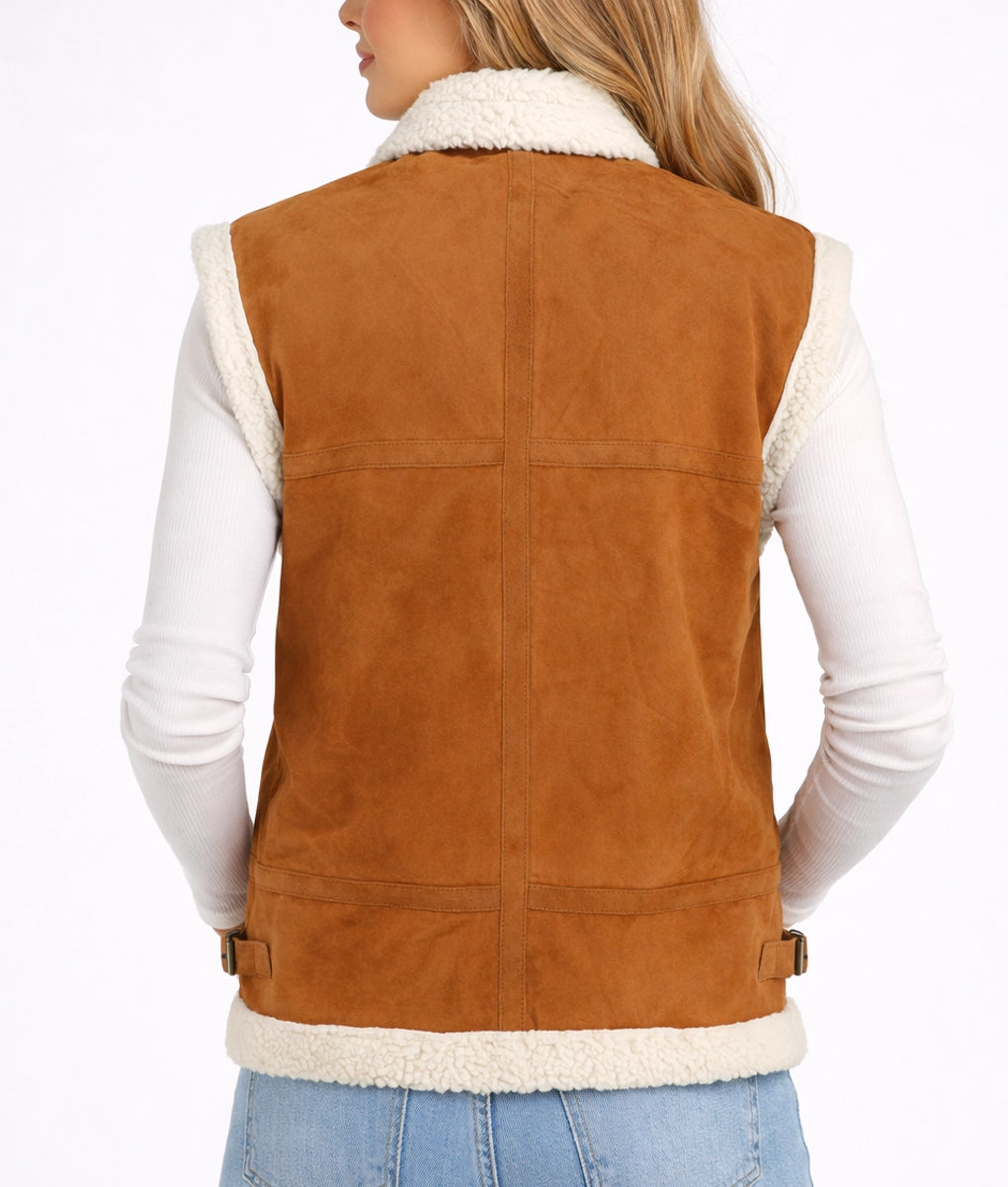 Jane Women's Faux Fur Shearling Brown Suede Vest | Women's Faux Fur Shearling Brown Suede Vest-3
