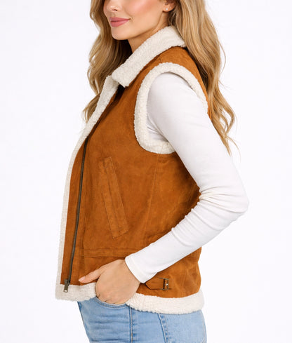 Jane Women's Faux Fur Shearling Brown Suede Vest | Women's Faux Fur Shearling Brown Suede Vest-2