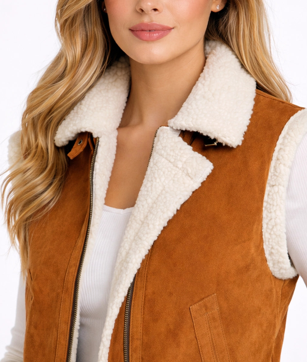 Jane Women's Faux Fur Shearling Brown Suede Vest | Women's Faux Fur Shearling Brown Suede Vest-4