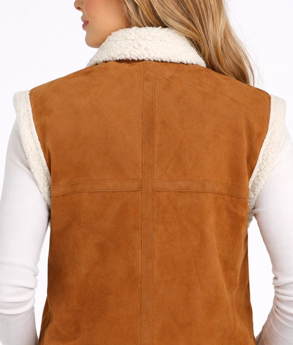 Jane Women's Faux Fur Shearling Brown Suede Vest | Women's Faux Fur Shearling Brown Suede Vest-5