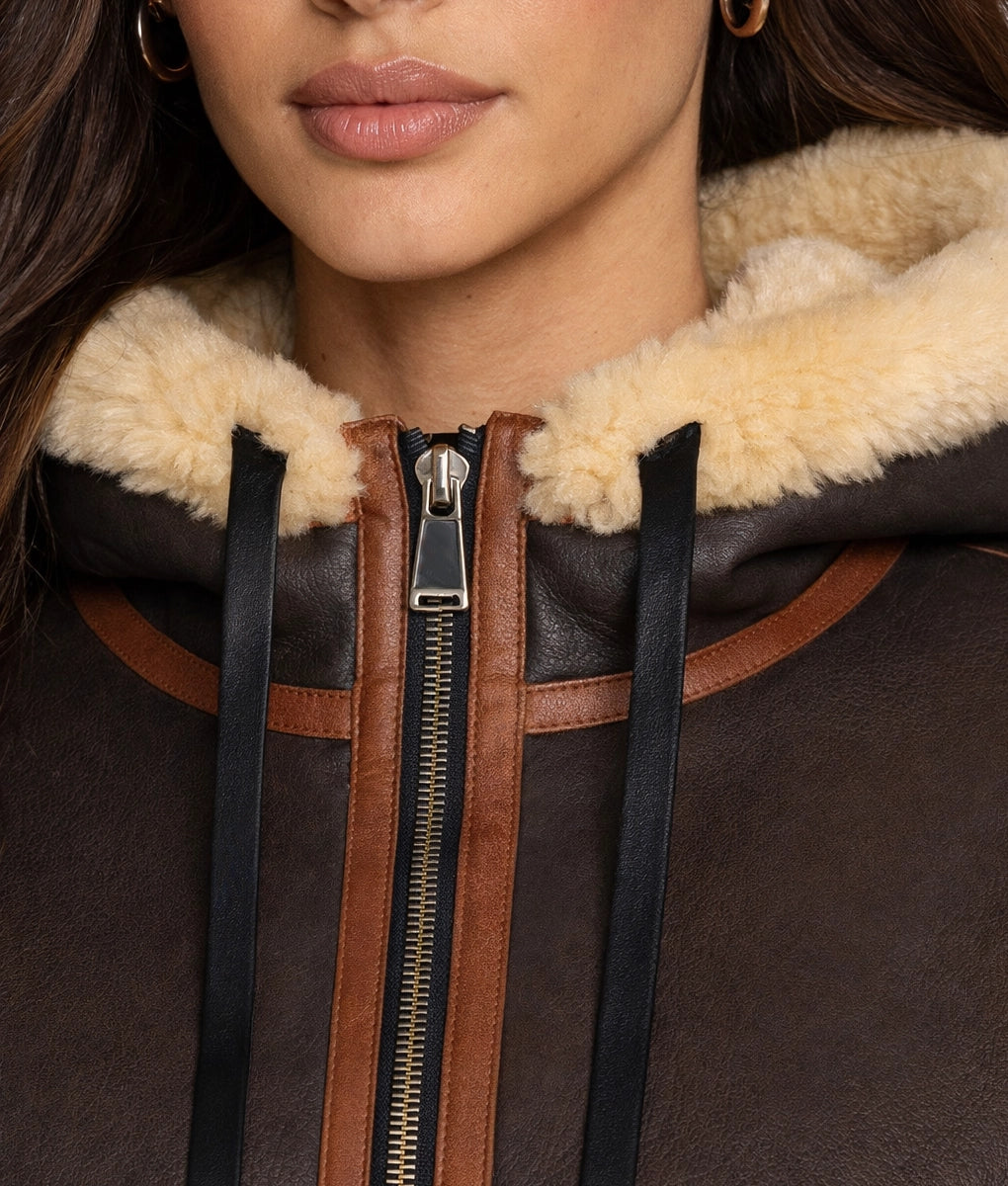 Jane Women's Hooded Faux Fur Shearling Leather Winter Jacket | Women's Hooded Faux Fur Shearling Leather Winter Jacket-5
