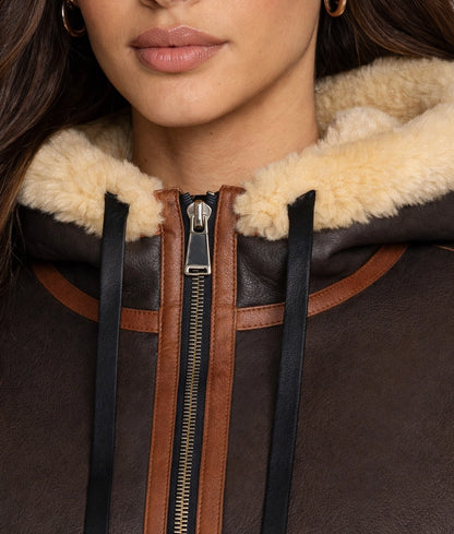 Jane Women's Hooded Faux Fur Shearling Leather Winter Jacket | Women's Hooded Faux Fur Shearling Leather Winter Jacket-5