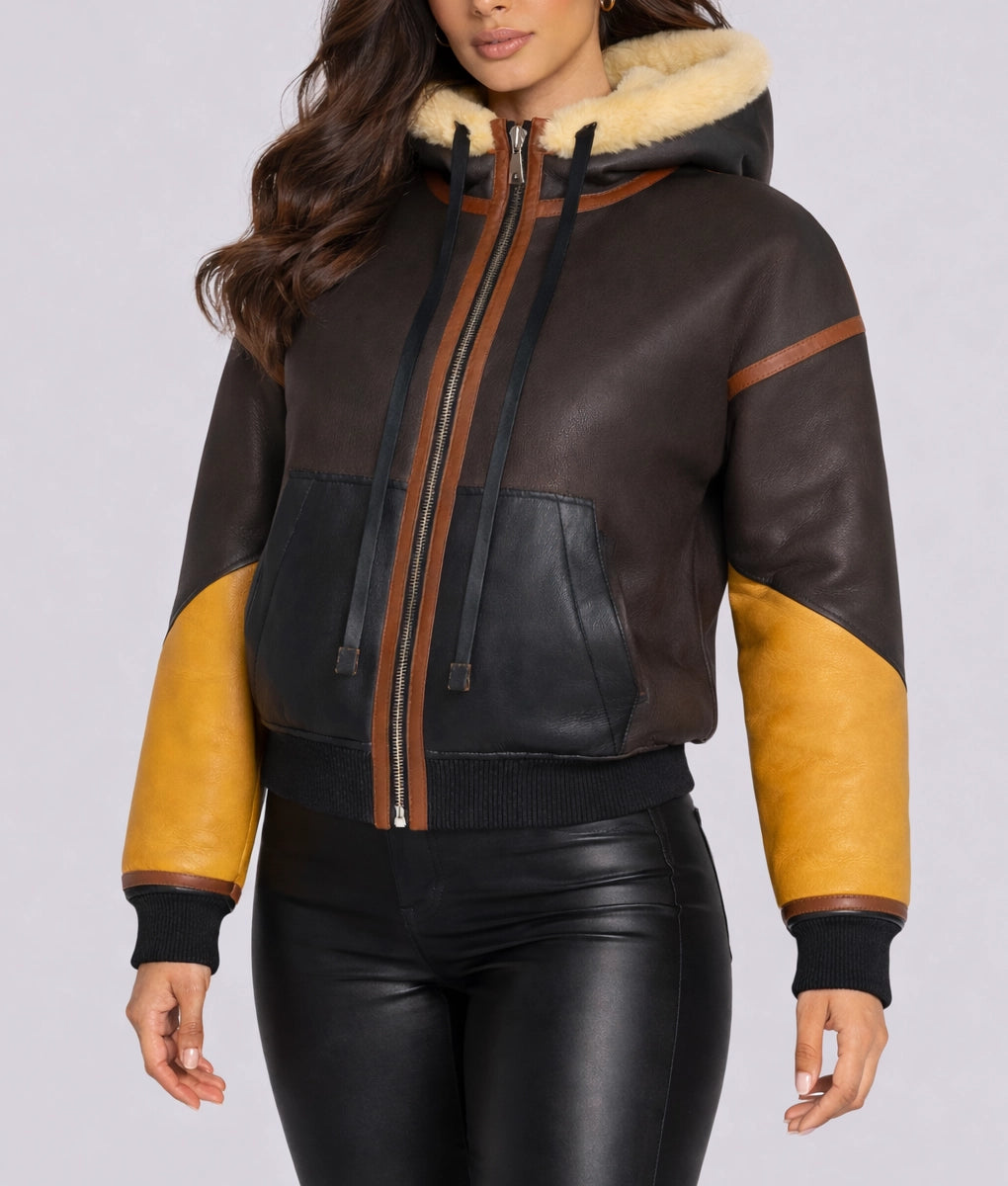 Jane Women's Hooded Faux Fur Shearling Leather Winter Jacket | Women's Hooded Faux Fur Shearling Leather Winter Jacket-2