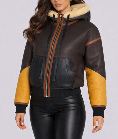 Jane Women's Hooded Faux Fur Shearling Leather Winter Jacket | Women's Hooded Faux Fur Shearling Leather Winter Jacket-2