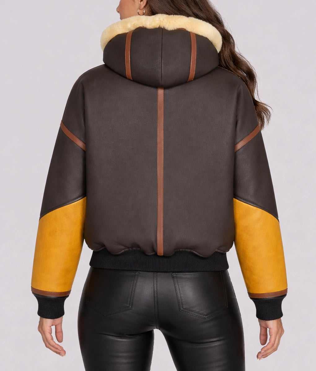 Jane Women's Hooded Faux Fur Shearling Leather Winter Jacket | Women's Hooded Faux Fur Shearling Leather Winter Jacket-3