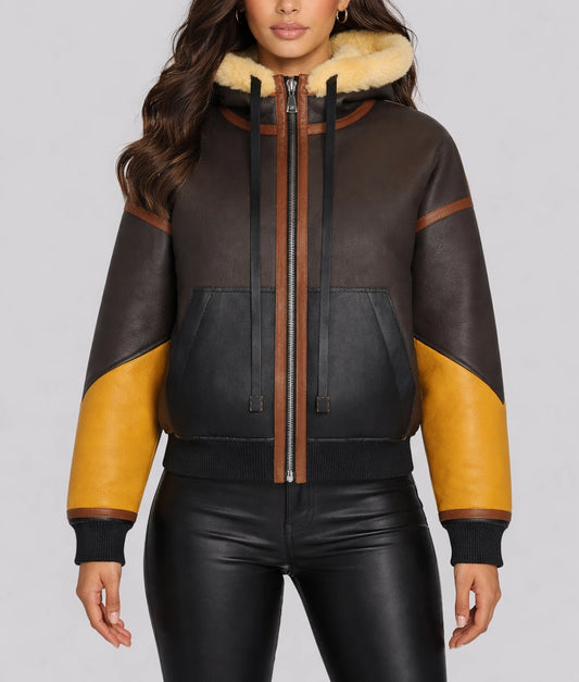 Jane Women's Hooded Faux Fur Shearling Leather Winter Jacket | Women's Hooded Faux Fur Shearling Leather Winter Jacket-1