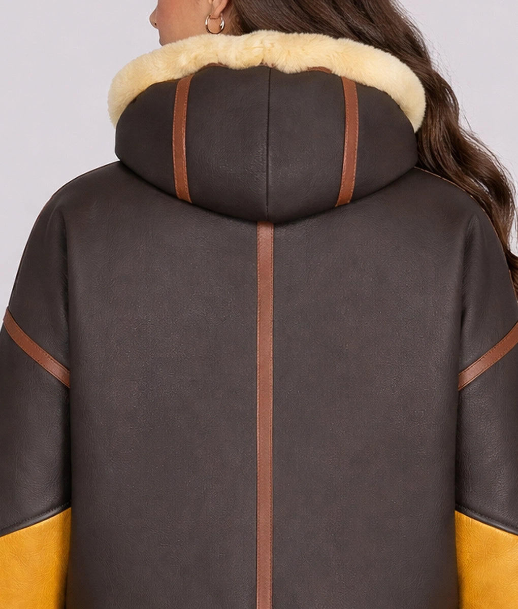Jane Women's Hooded Faux Fur Shearling Leather Winter Jacket | Women's Hooded Faux Fur Shearling Leather Winter Jacket-4