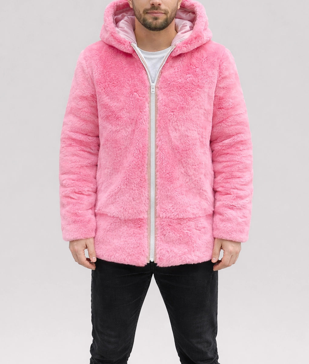 Jason Men's Pink Faux Fur Zipper Jacket
