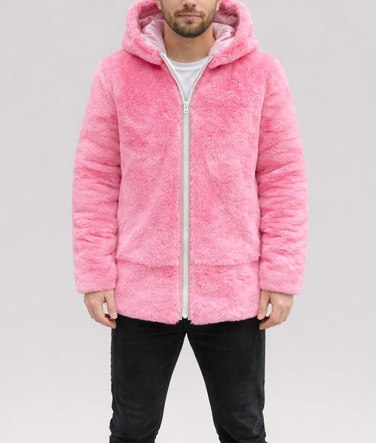 Jason Men's Pink Faux Fur Zipper Jacket