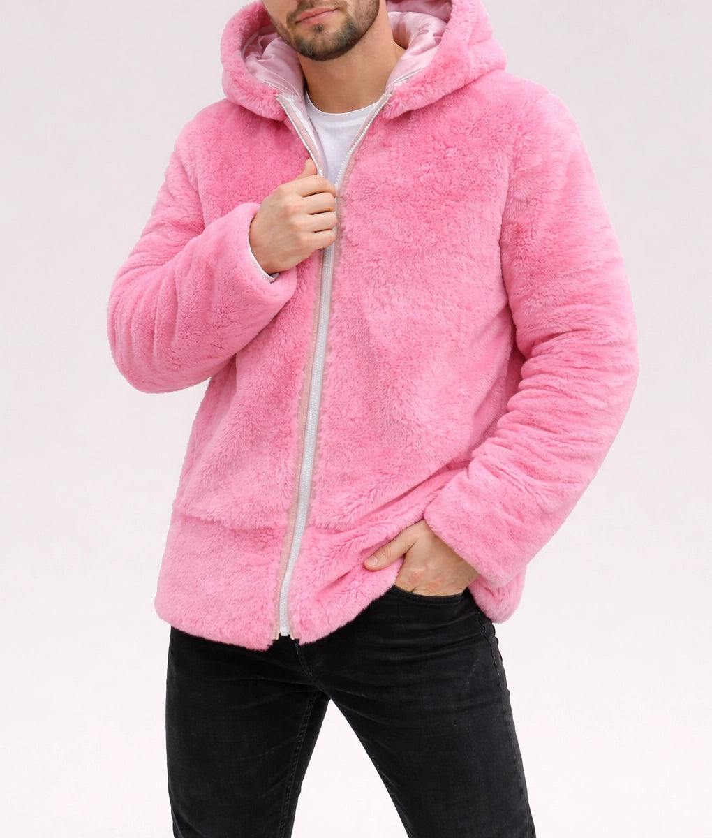 Jason Men's Pink Faux Fur Zipper Jacket