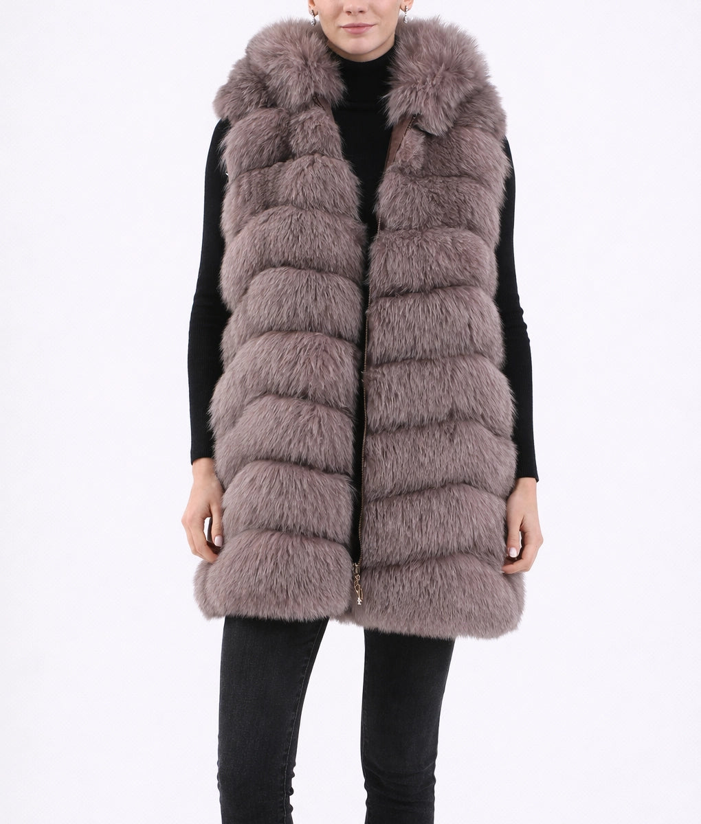 Jenna Women’s Brown Real Fox Fur Long Vest | Women’s Brown Real Fox Fur Long Vest-1