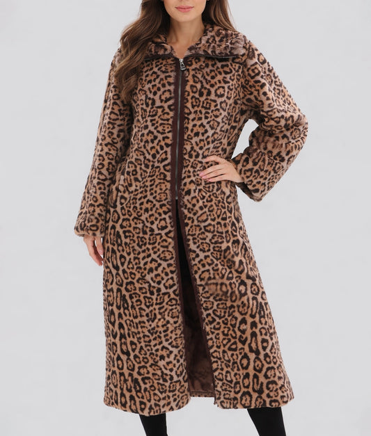 Jennie Women's Leopard Print Faux Fur Zipper Long Coat