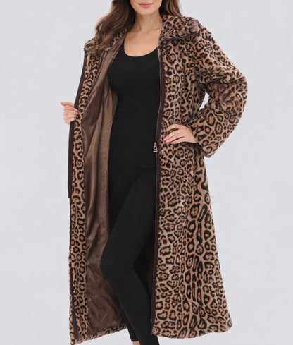 Jennie Women's Leopard Print Faux Fur Zipper Long Coat