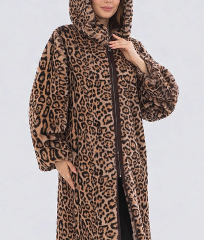 Jennie Women's Leopard Print Faux Fur Zipper Long Coat