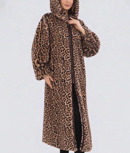 Jennie Women's Leopard Print Faux Fur Zipper Long Coat
