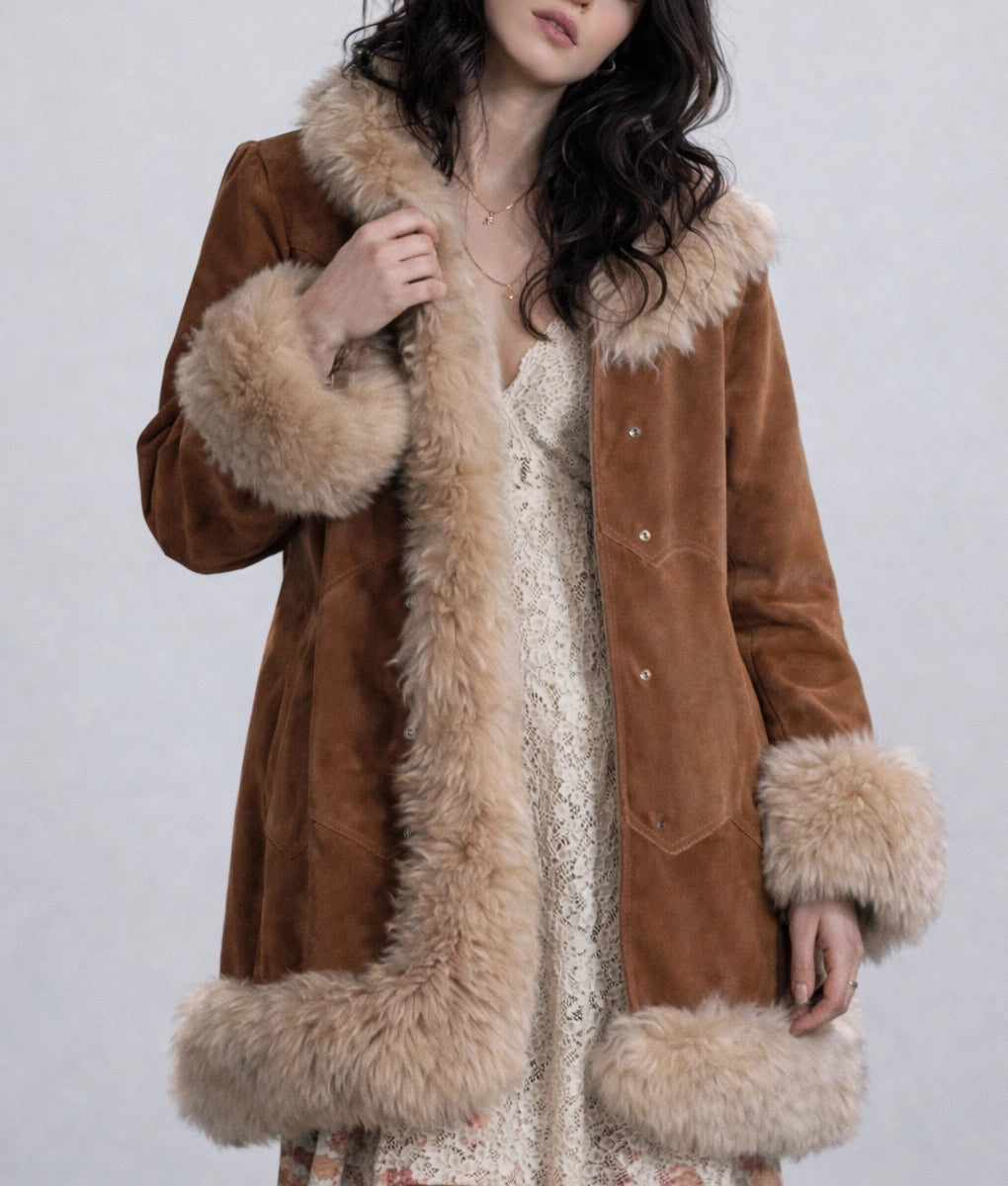 Jenny Women's Brown Faux Fur Trim Suede Leather Coat | Women's Brown Faux Fur Trim Suede Leather Coat-2