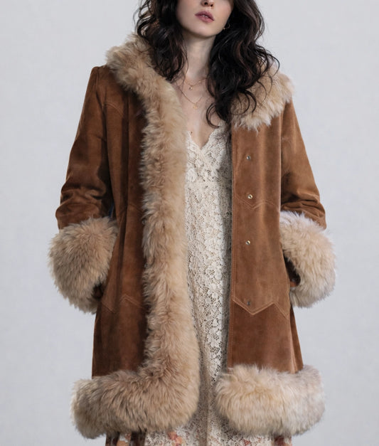 Jenny Women's Brown Faux Fur Trim Suede Leather Coat | Women's Brown Faux Fur Trim Suede Leather Coat-1