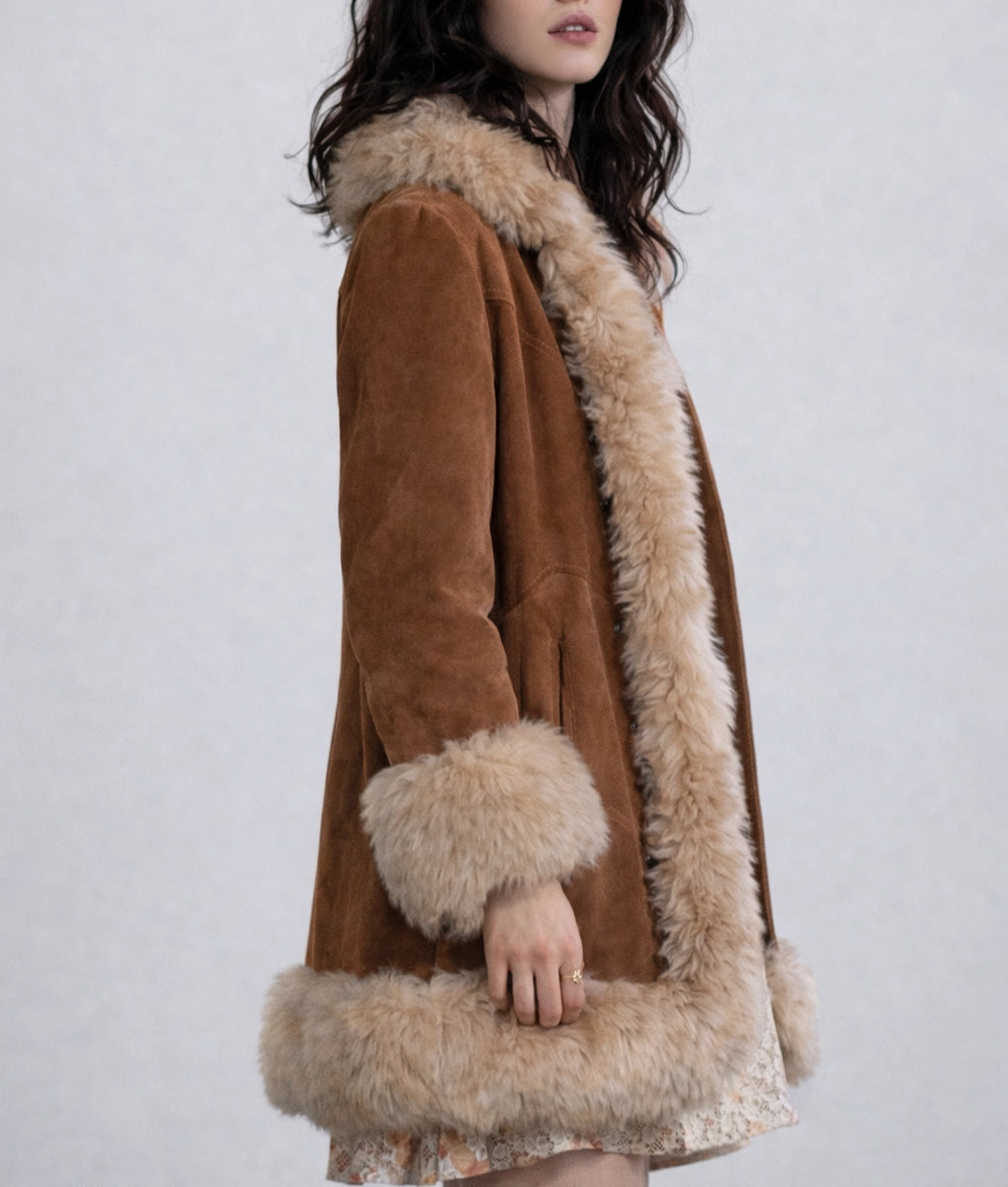 Jenny Women's Brown Faux Fur Trim Suede Leather Coat | Women's Brown Faux Fur Trim Suede Leather Coat-3