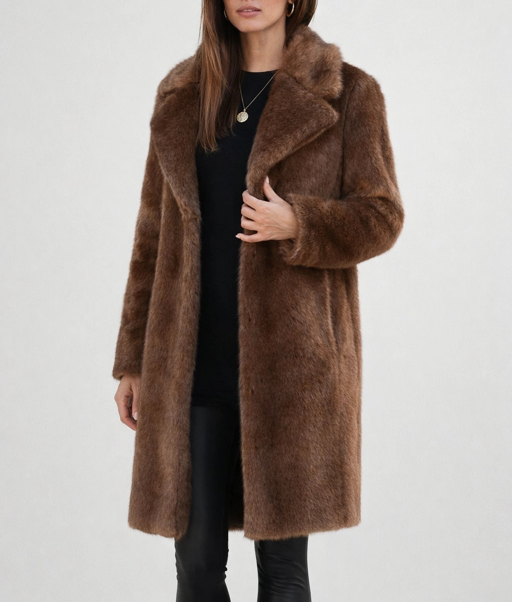 Jescinda Women's Brown Open Style Faux Fur Coat | Women's Brown Open Style Faux Fur Coat-2