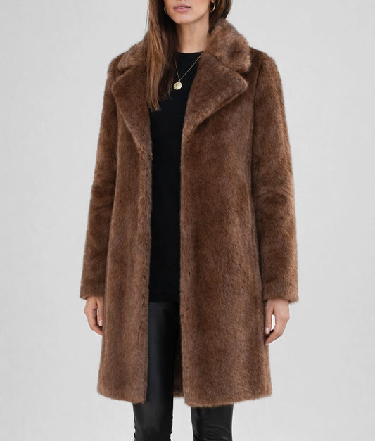 Jescinda Women's Brown Open Style Faux Fur Coat | Women's Brown Open Style Faux Fur Coat-1