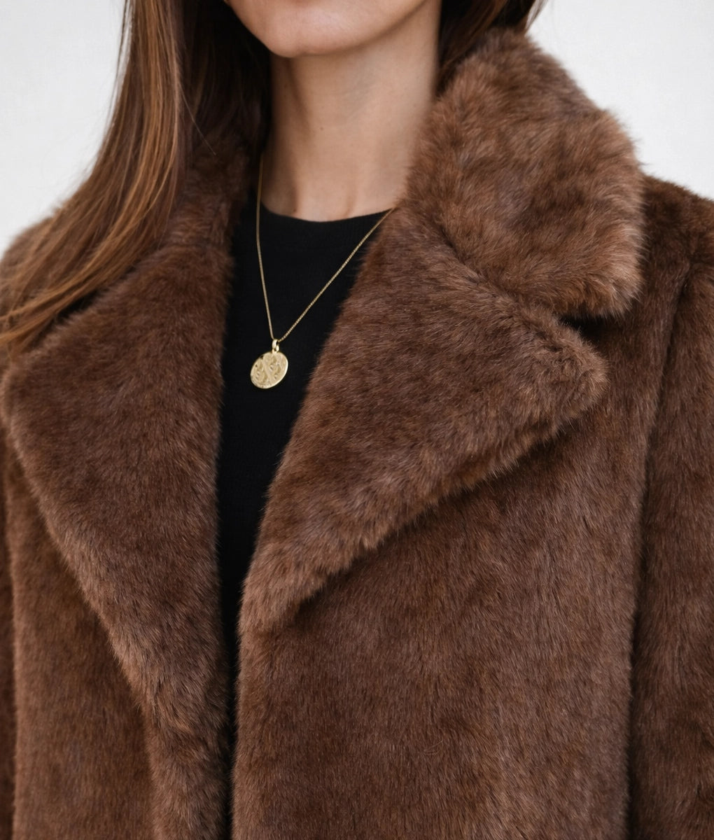 Jescinda Women's Brown Open Style Faux Fur Coat | Women's Brown Open Style Faux Fur Coat-4