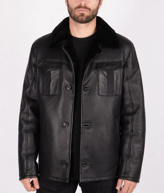 Jim Men's Black Faux Fur Shearling Lining Leather Coat | Men's Black Faux Fur Shearling Lining Leather Coat-1