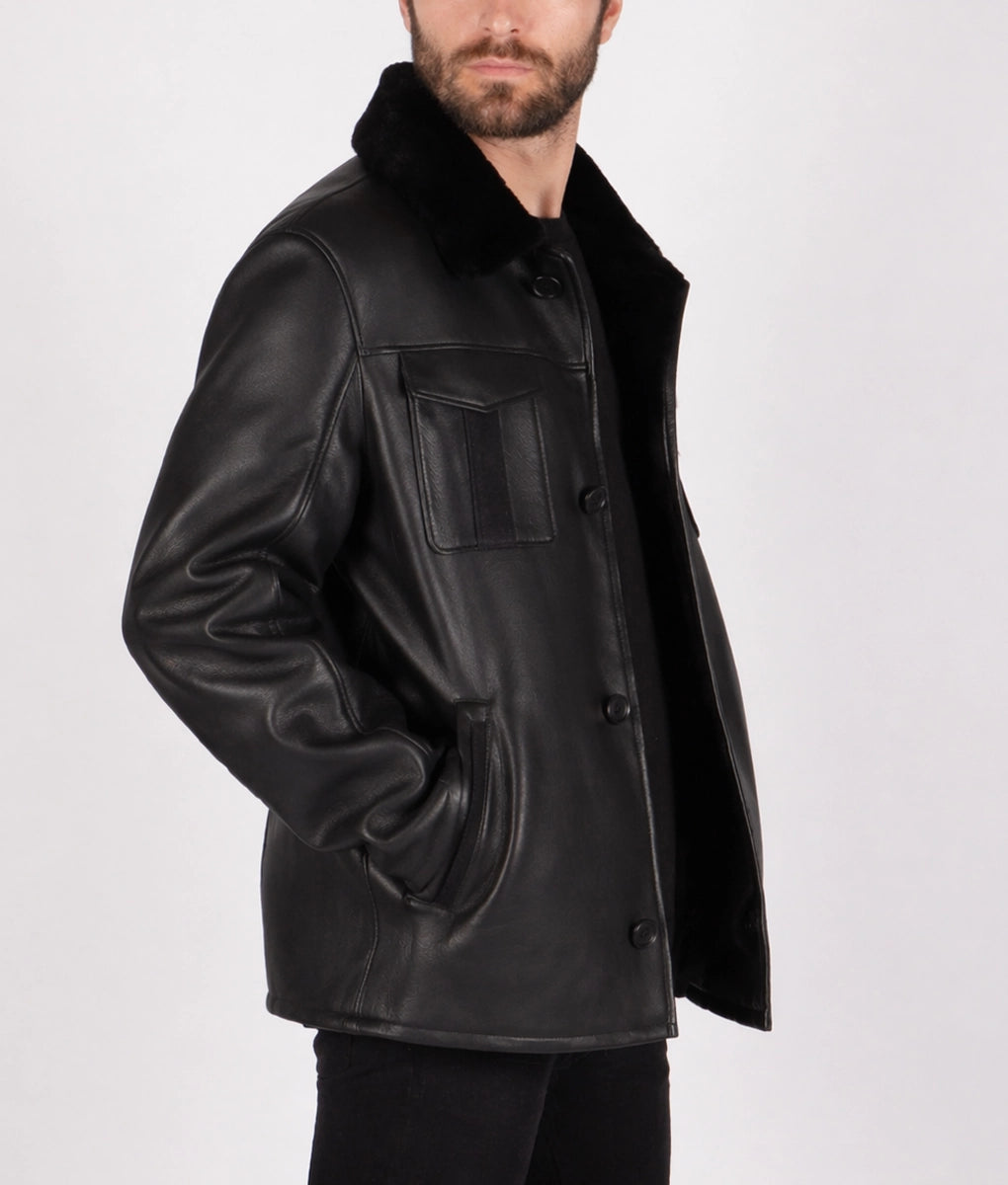 Jim Men's Black Faux Fur Shearling Lining Leather Coat | Men's Black Faux Fur Shearling Lining Leather Coat-2