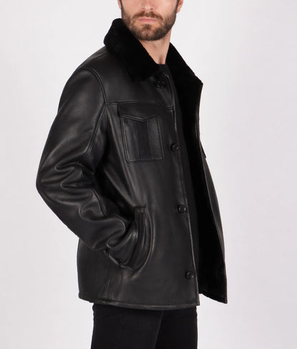 Jim Men's Black Faux Fur Shearling Lining Leather Coat | Men's Black Faux Fur Shearling Lining Leather Coat-2