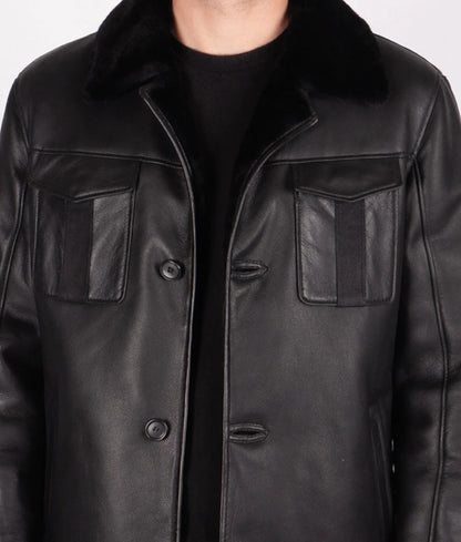 Jim Men's Black Faux Fur Shearling Lining Leather Coat | Men's Black Faux Fur Shearling Lining Leather Coat-14