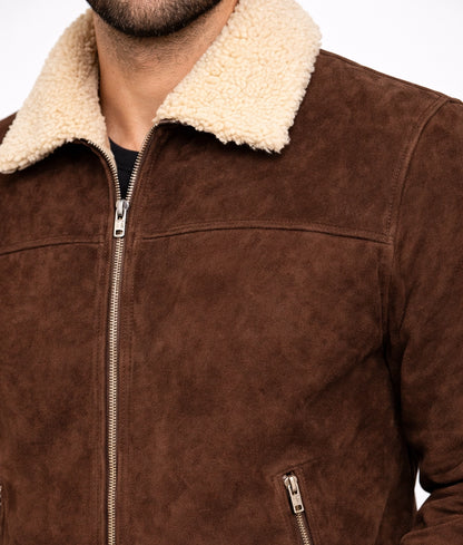 Jim Men's Dark Brown Suede Faux Fur Shearling Trim Jacket