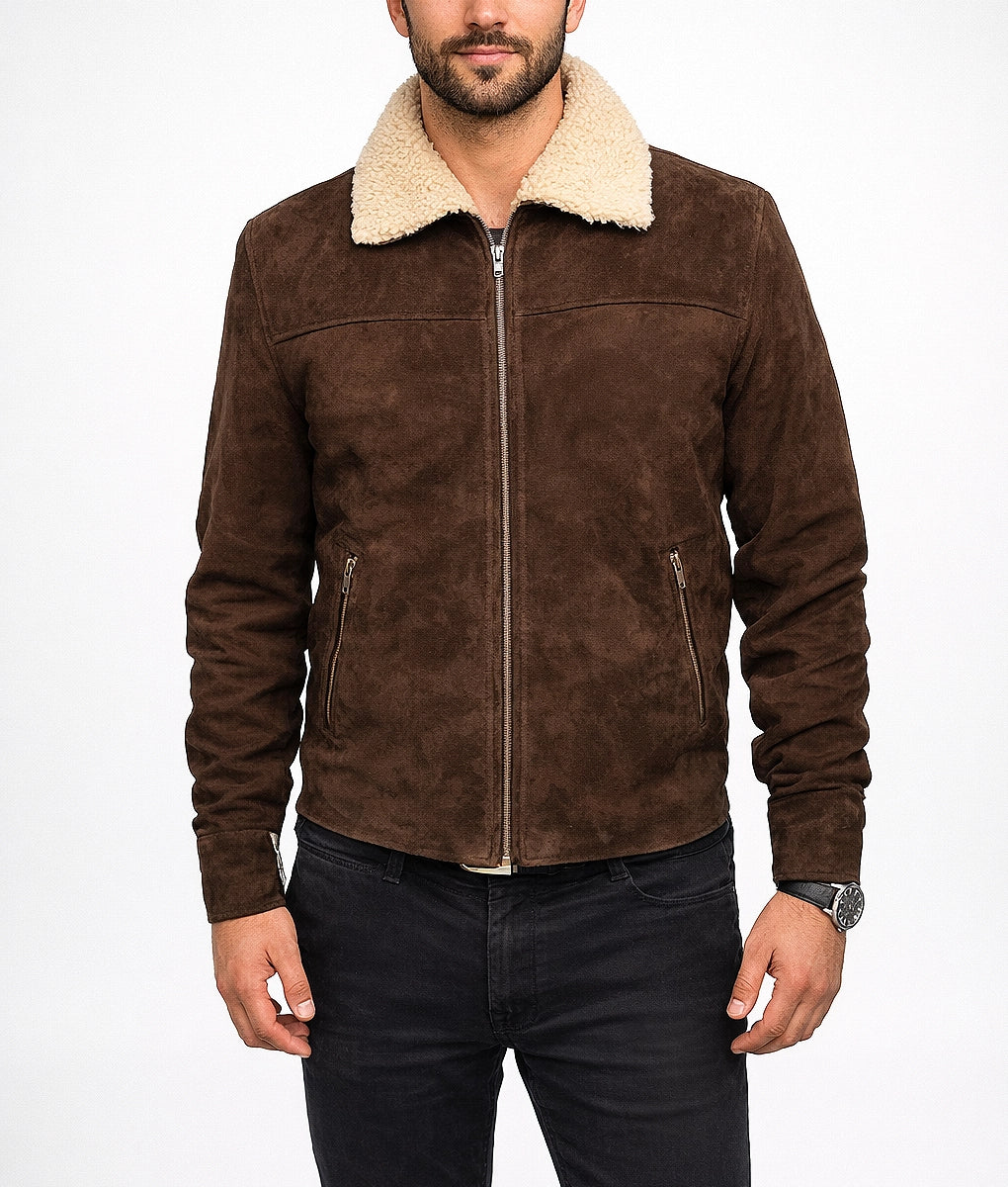 Jim Men's Dark Brown Suede Faux Fur Shearling Trim Jacket