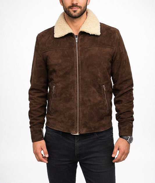 Jim Men's Dark Brown Suede Faux Fur Shearling Trim Jacket