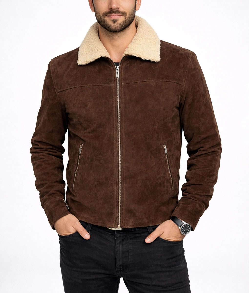 Jim Men's Dark Brown Suede Faux Fur Shearling Trim Jacket