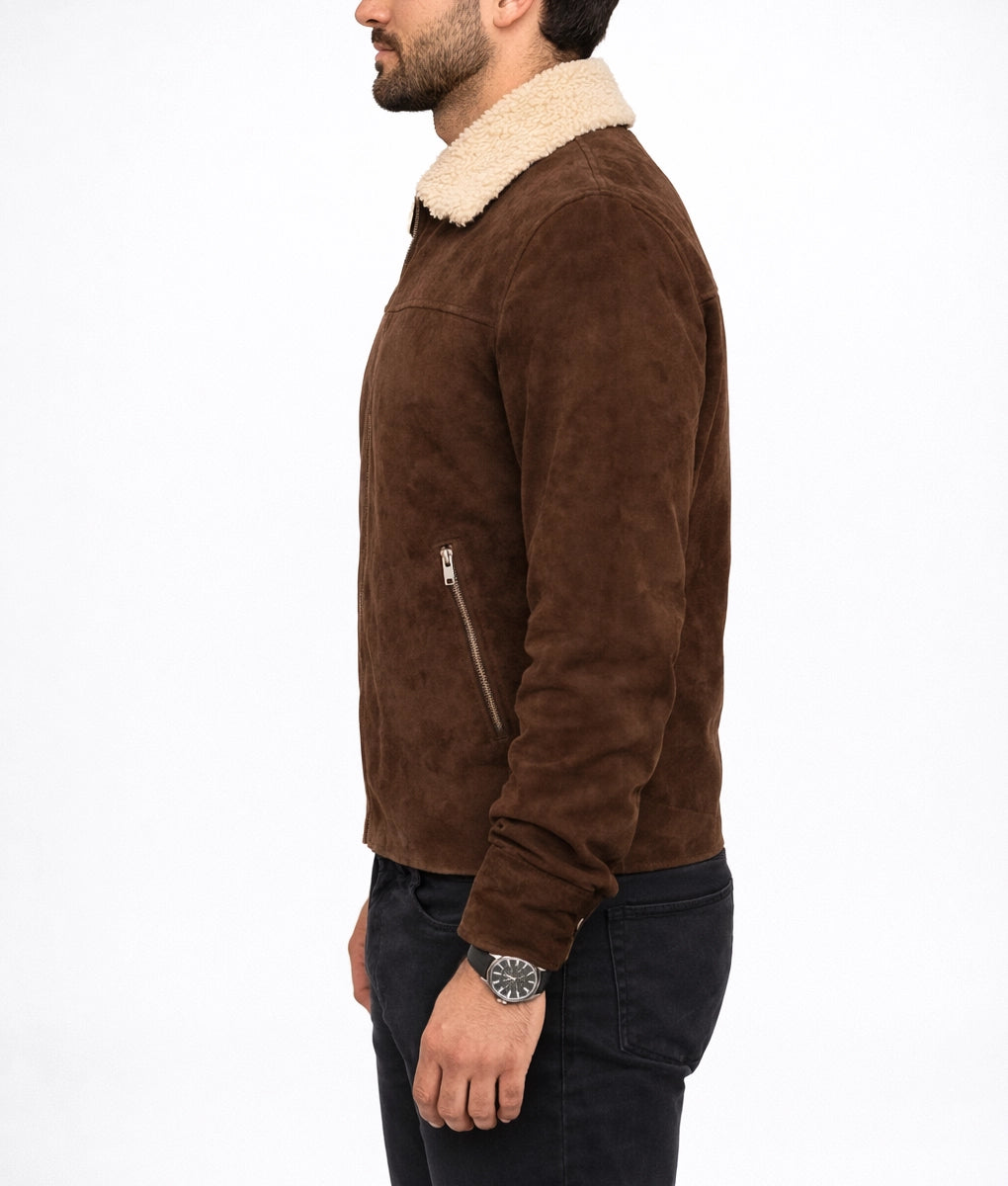 Jim Men's Dark Brown Suede Faux Fur Shearling Trim Jacket