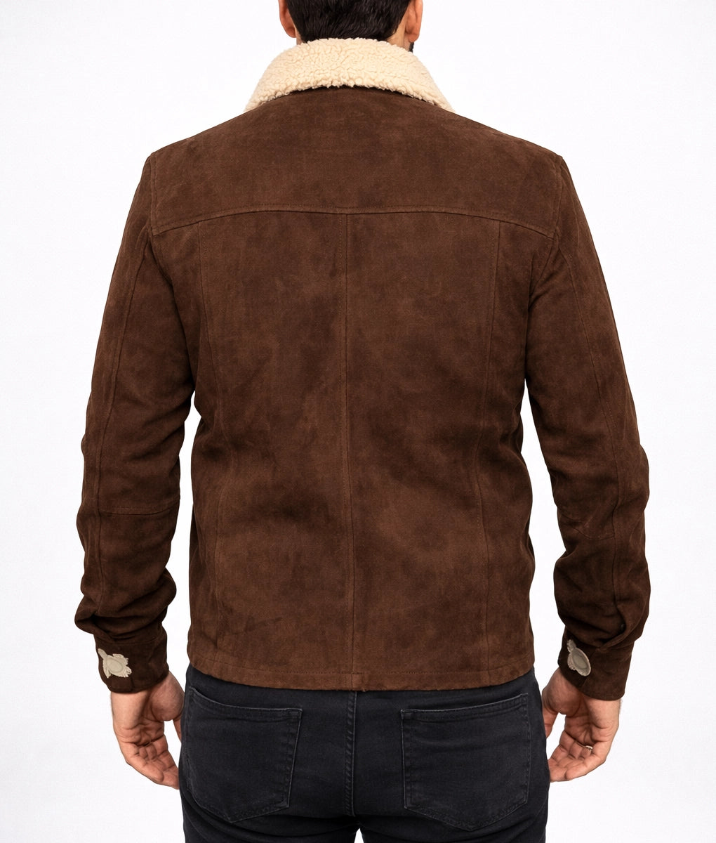 Jim Men's Dark Brown Suede Faux Fur Shearling Trim Jacket