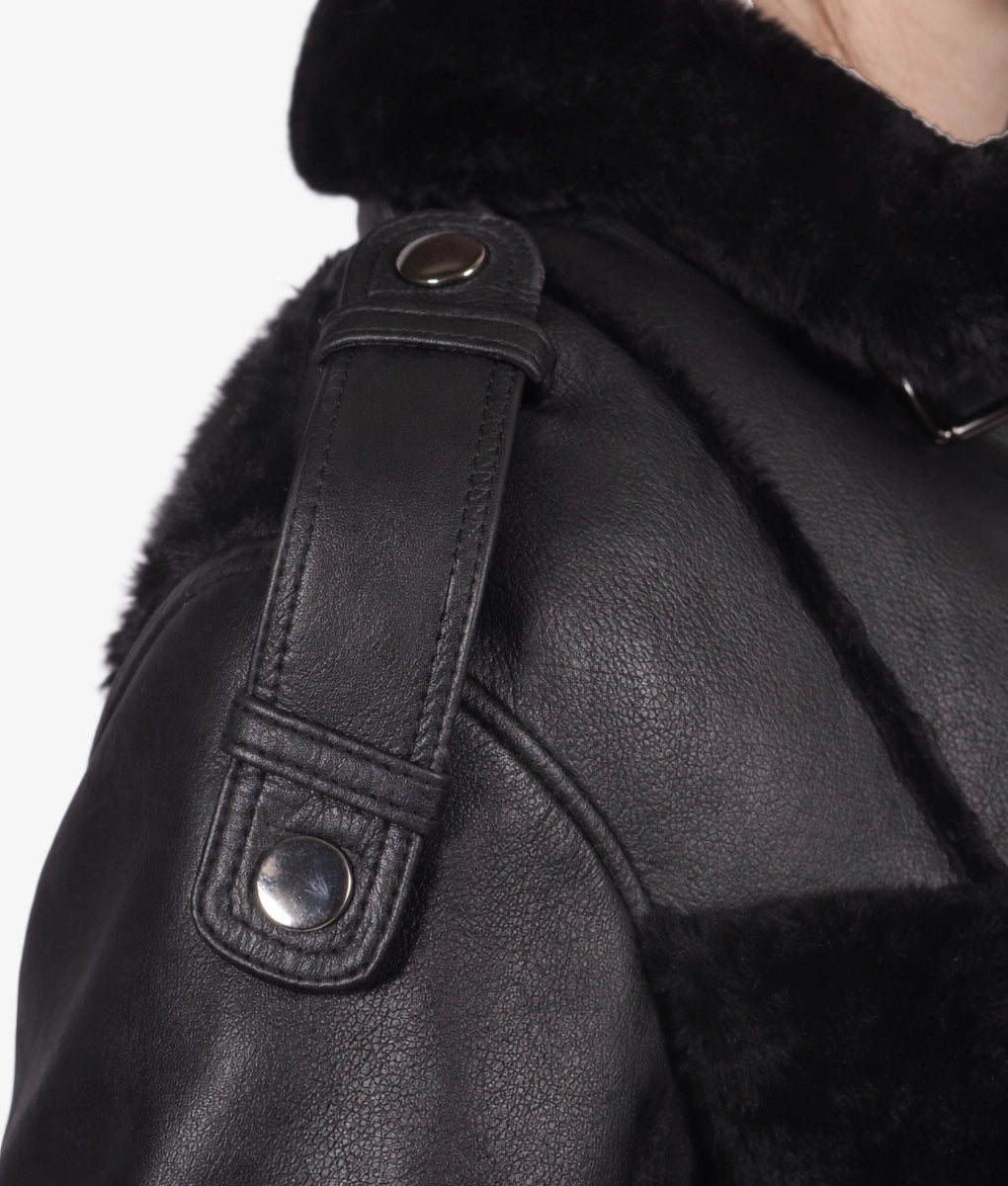 Julia Women's Black Faux Fur Shearling Trim Leather Jacket  Women's Black Faux Fur Shearling Trim Leather Jacket-3