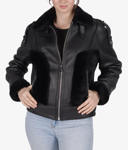Julia Women's Black Faux Fur Shearling Trim Leather Jacket  Women's Black Faux Fur Shearling Trim Leather Jacket-1