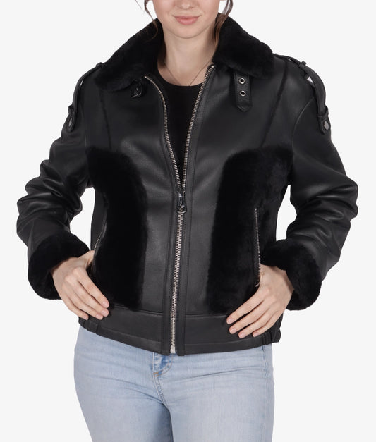 Julia Women's Black Faux Fur Shearling Trim Leather Jacket  Women's Black Faux Fur Shearling Trim Leather Jacket-1